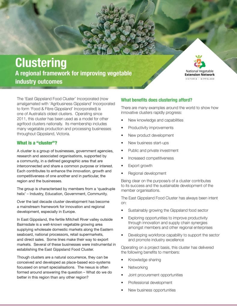 Clustering, a regional framework for improving vegetable industry outcomes.